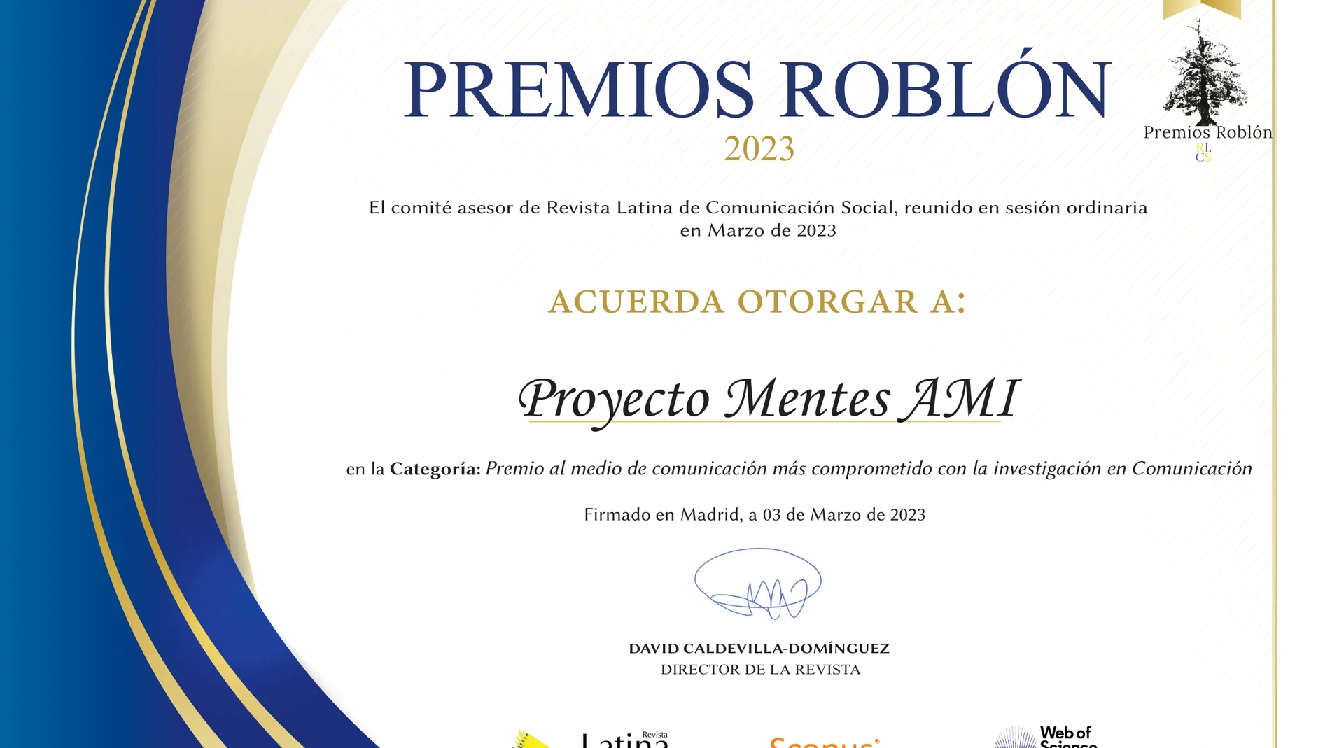 Diploma de los Premios Roblón a la Fundación Atresmedia