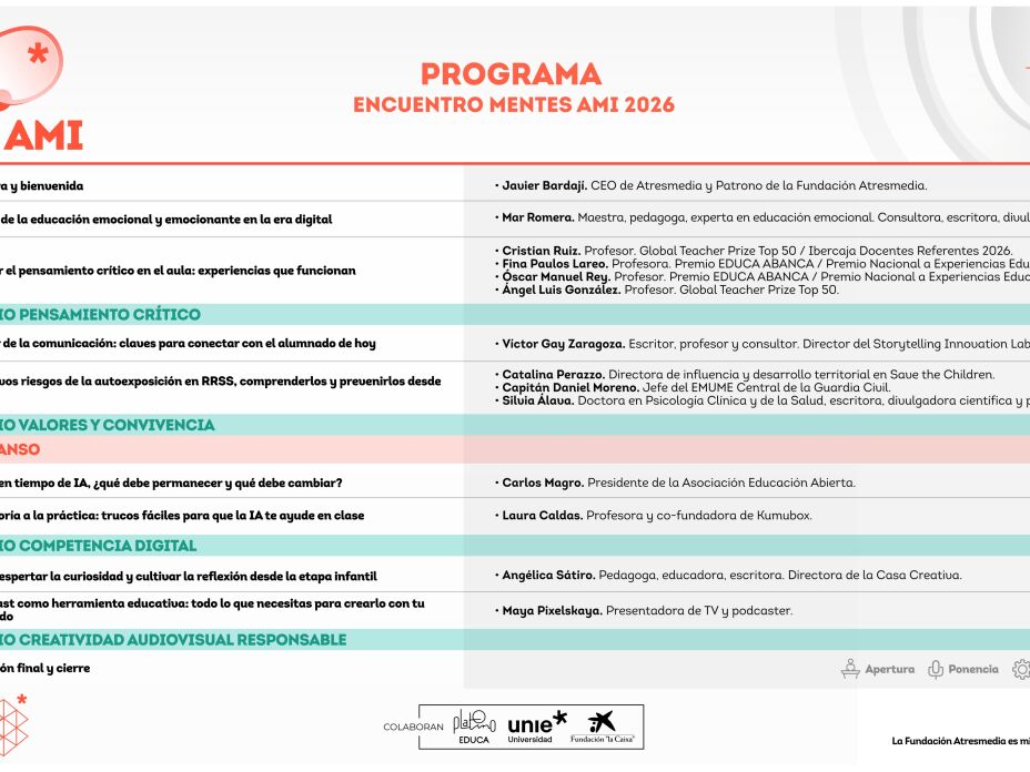 Educación emocional, pensamiento crítico e inteligencia artificial: descubre el programa del Encuentro Mentes AMI 2026 Educación emocional, pensamiento crítico e inteligencia artificial: descubre el programa del Encuentro Mentes AMI 2026